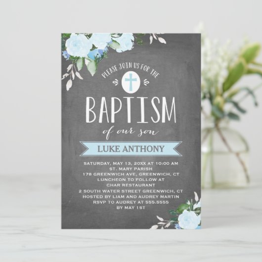 Floral Blooms Chalkboard | Baptisme-uitnodiging Kaart (Staand voorkant)