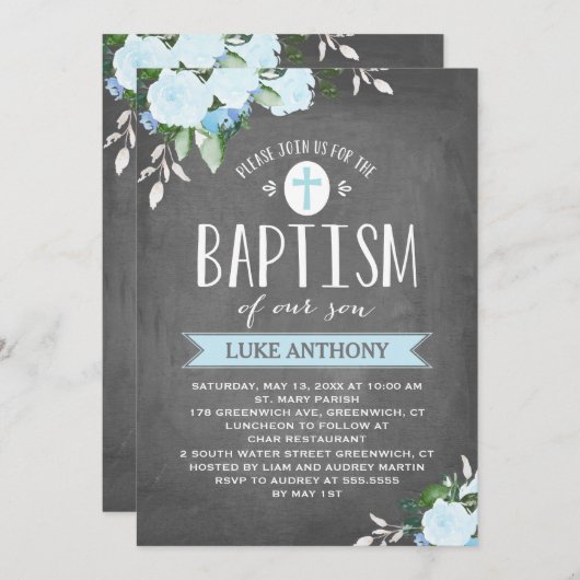 Floral Blooms Chalkboard | Baptisme-uitnodiging Kaart (Voorkant / Achterkant)