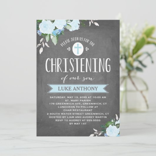 Floral Blooms Chalkboard | Christenuitnodiging Kaart (Staand voorkant)