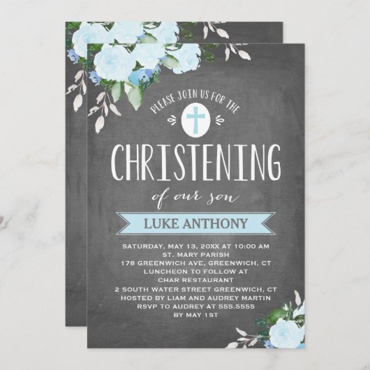 Floral Blooms Chalkboard | Christenuitnodiging Kaart (Voorkant / Achterkant)