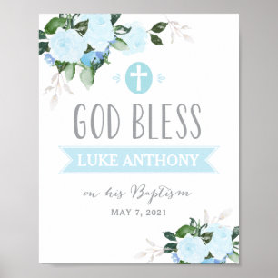 Floral Blooms God Bless Baptisme Blue Poster