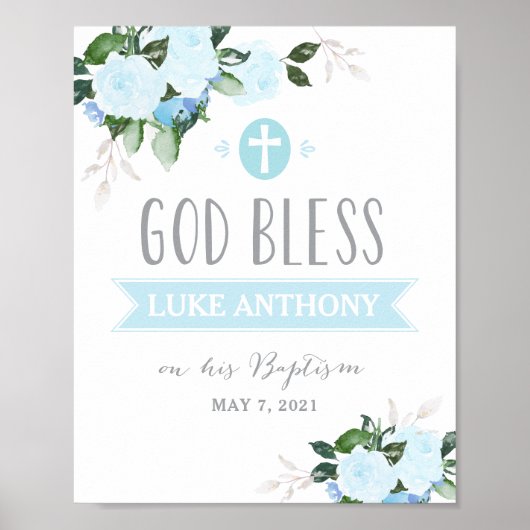 Floral Blooms God Bless Baptisme Blue Poster (Voorkant)