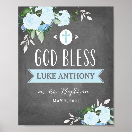 Floral Blooms God Bless Baptisme Sign Chalk Blue Poster (Voorkant)
