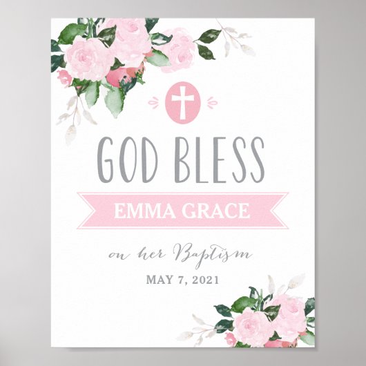 Floral Blooms God Bless Baptisme Sign Roze Poster (Voorkant)
