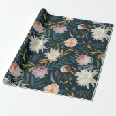 Floral Blooms Navy schilderde grote bloemen Cadeaupapier (Uitgerold)