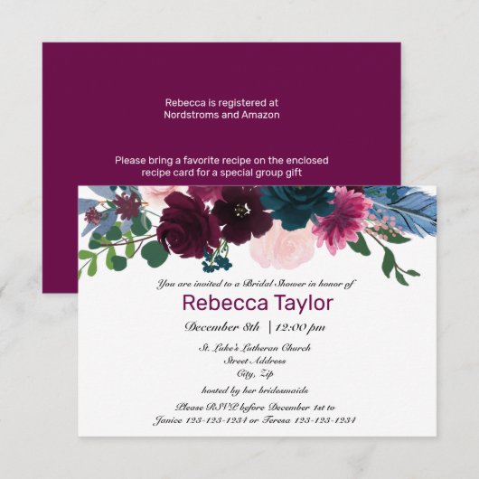 Floral Blooms Plum - 3x5 Bridal Shower Invitation Kaart (Voorkant / Achterkant)