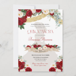 Floral Blooms Red & White Gold Charro Quinceañera Kaart