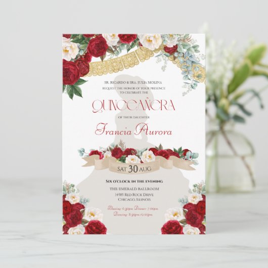 Floral Blooms Red & White Gold Charro Quinceañera Kaart (Staand voorkant)
