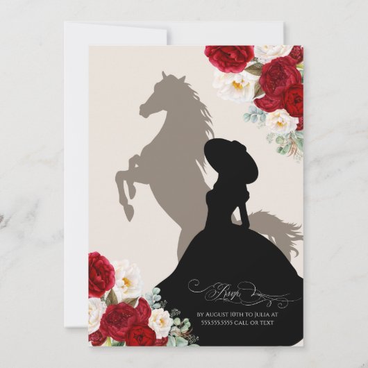 Floral Blooms Red & White Gold Charro Quinceañera Kaart (Achterkant)