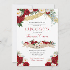 Floral Blooms Red & White Gold Fancy Quinceañera Kaart