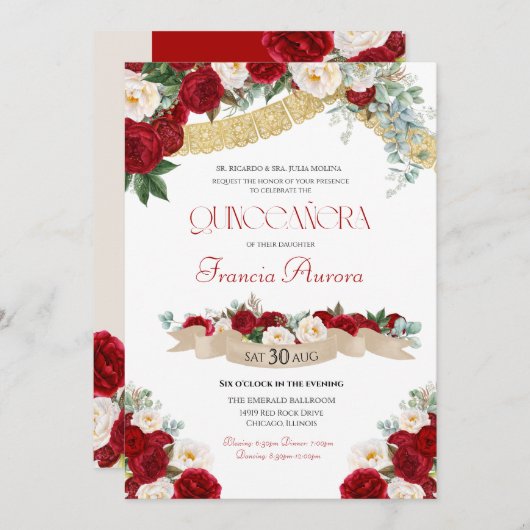 Floral Blooms Red & White Gold Fancy Quinceañera Kaart (Voorkant / Achterkant)