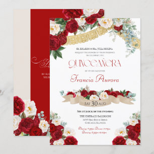 Floral Blooms Red & White Gold Quinceañera Kaart