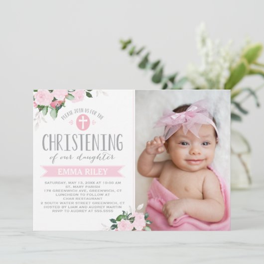 Floral Blooms Roze | Christenuitnodiging Kaart (Staand voorkant)