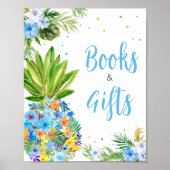 Floral Blue Ananas Baby shower Boeken en geschenke Poster (Voorkant)