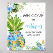 Floral Blue Ananas Baby shower Welkom Poster (Voorkant)