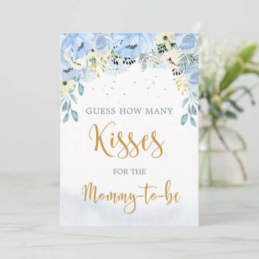 Floral Blue Baby shower raad eens hoeveel kisses h Kaart (Staand voorkant)