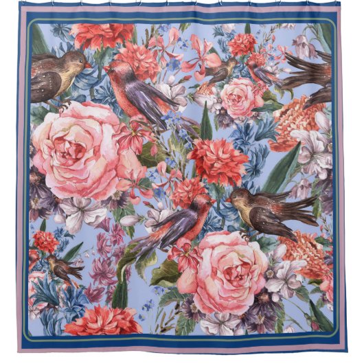 Floral Blue Background Rozen Hyacinth Wild Flowers Douchegordijn (Voorkant)