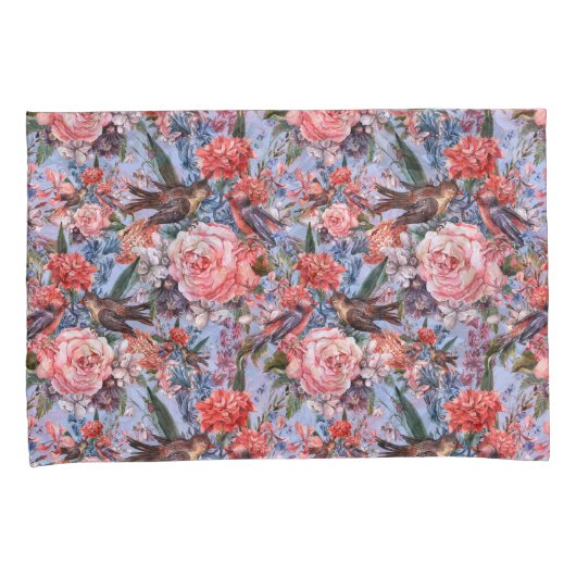 Floral Blue Background Rozen Hyacinth Wild Flowers Kussensloop (Voorkant-Rechts)