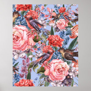 Floral Blue Background Rozen Hyacinth Wild Flowers Poster
