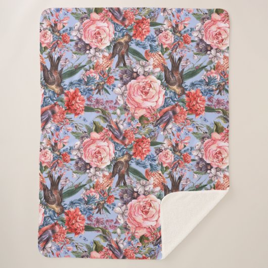 Floral Blue Background Rozen Hyacinth Wild Flowers Sherpa Deken (Voorkant)