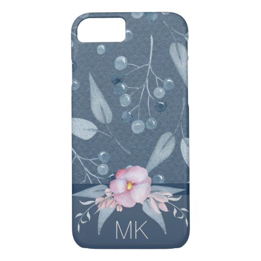 Floral Blue Berry Waterverf met Monogram Case-Mate iPhone Case (Achterkant)