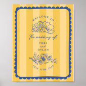 Floral Blue Border Stripe Bruiloft Welkom Poster (Voorkant)