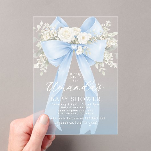 Floral Blue Bow Baby Boy Shower Acryl Uitnodigingen (Insitu (Draagbaar))
