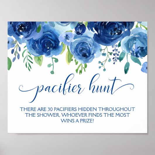 Floral Blue Boy Pacifier Hunt Baby shower Game Poster (Voorkant)