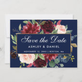 Floral Blue Burgundy Gold redt de datum Save The Date (Voorkant)