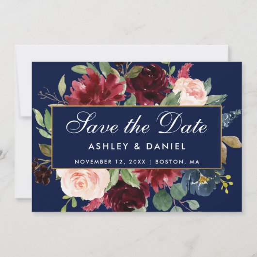 Floral Blue Burgundy Gold redt de datum Save The Date (Voorkant)