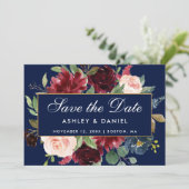 Floral Blue Burgundy Gold redt de datum Save The Date (Staand voorkant)