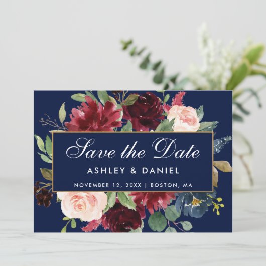 Floral Blue Burgundy Gold redt de datum Save The Date (Staand voorkant)