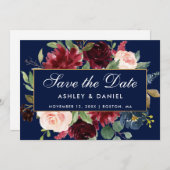 Floral Blue Burgundy Gold redt de datum Save The Date (Voorkant / Achterkant)