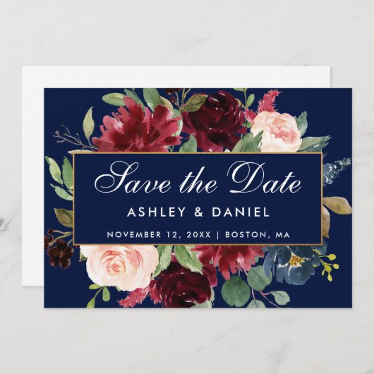 Floral Blue Burgundy Gold redt de datum Save The Date (Voorkant / Achterkant)