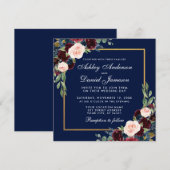 Floral Blue Burgundy Gold Wedding Invite Kaart (Voorkant / Achterkant)