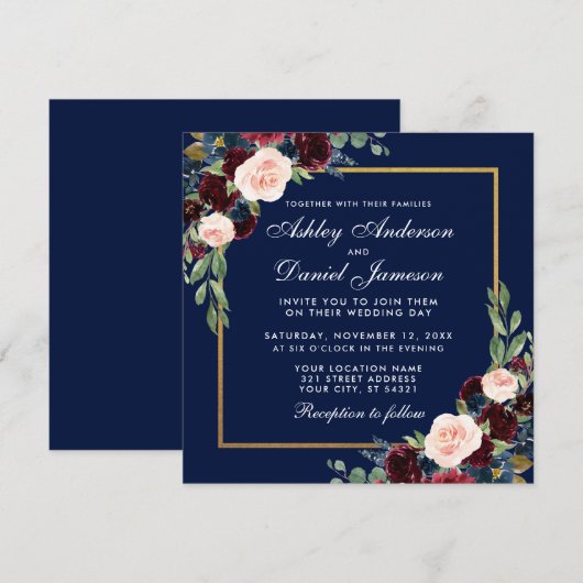 Floral Blue Burgundy Gold Wedding Invite Kaart (Voorkant / Achterkant)