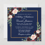 Floral Blue Burgundy Gold Wedding Invite Kaart (Voorkant)