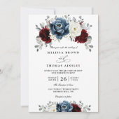 Floral Blue Burgundy White Ivory QR Code Wedding Kaart (Voorkant)