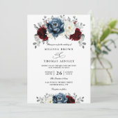 Floral Blue Burgundy White Ivory QR Code Wedding Kaart (Staand voorkant)