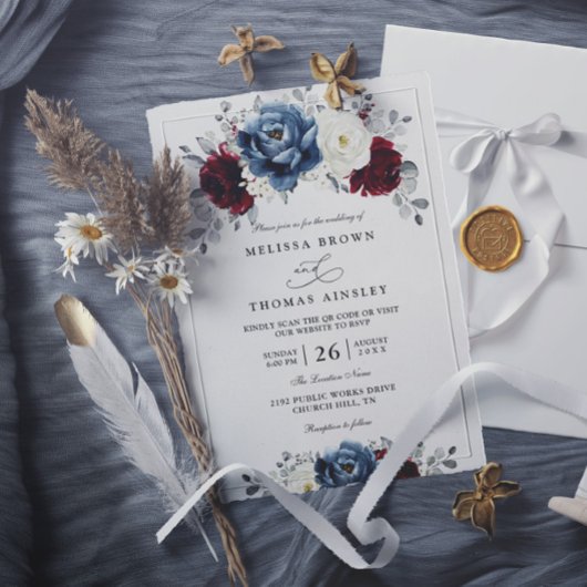 Floral Blue Burgundy White Ivory QR Code Wedding Kaart