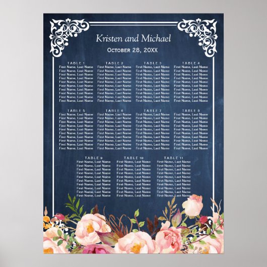 Floral Blue Chalkboard Wedding Seating Chart Poster (Voorkant)
