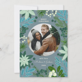 Floral Blue Christmas Foto Vakantie Kaart