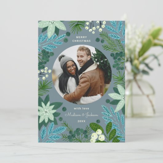 Floral Blue Christmas Foto Vakantie Kaart (Staand voorkant)