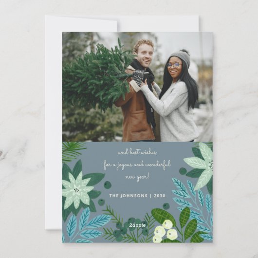 Floral Blue Christmas Foto Vakantie Kaart (Achterkant)