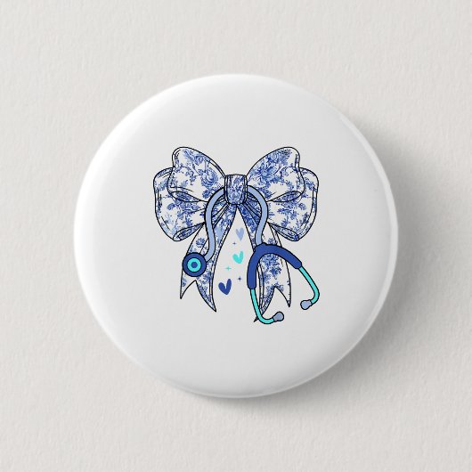 Floral Blue Coquette Bow Nurse Stethoscope Medical Ronde Button 5,7 Cm (Voorkant)