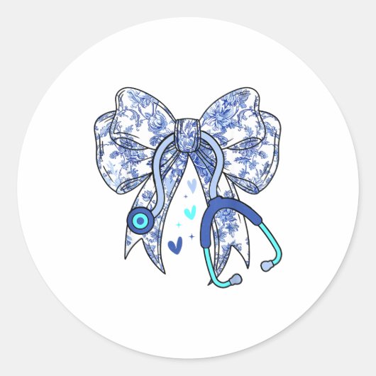 Floral Blue Coquette Bow Nurse Stethoscope Medical Ronde Sticker (Voorkant)