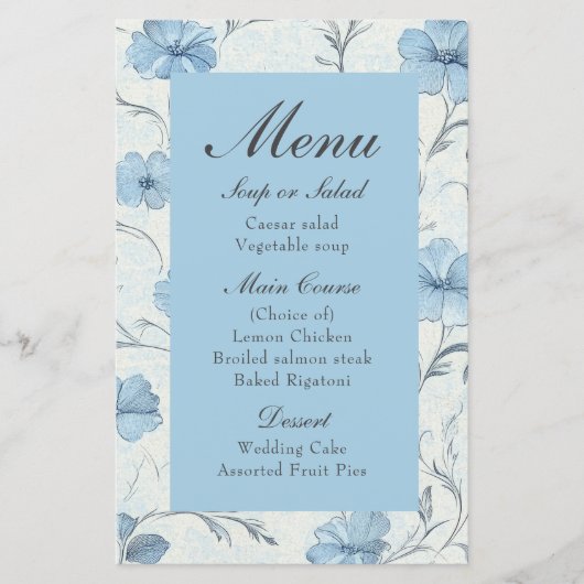 Floral Blue Country Garden Elegant Wedding Menu (Voorkant)