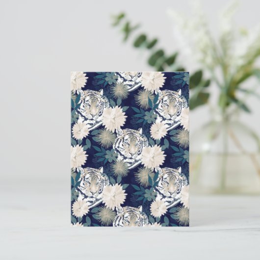 Floral Blue Design Trendy Tiger Animal Waterverf Feestdagenkaart (Staand voorkant)