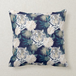 Floral Blue Design Trendy Tiger Animal Waterverf Kussen