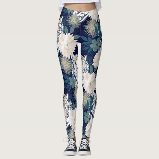 Floral Blue Design Trendy Tiger Animal Waterverf Leggings (Voorkant)